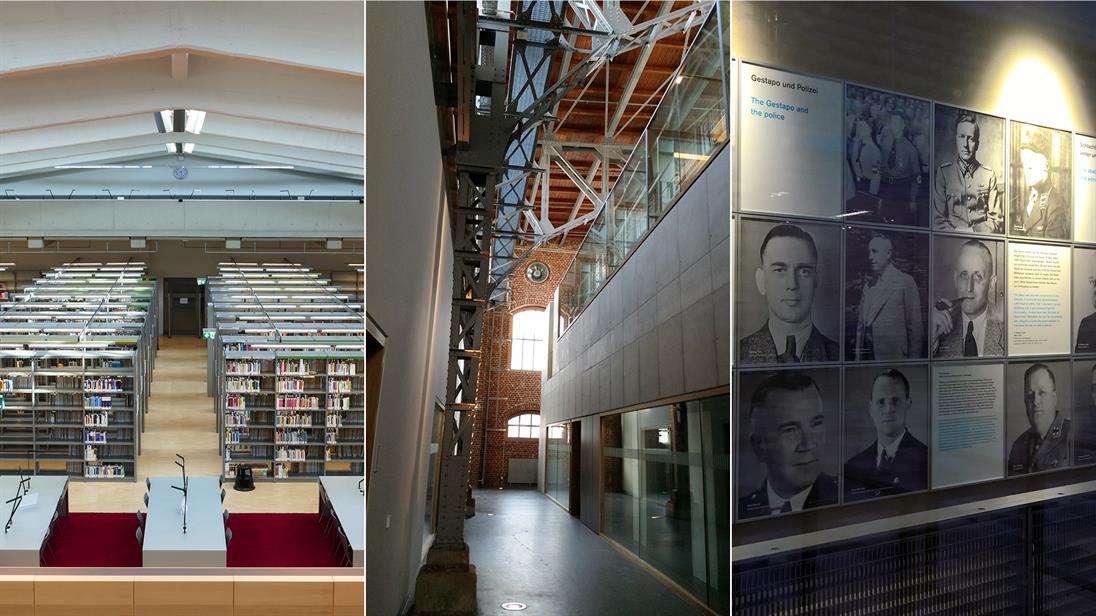 Collage von Gebäude 1 der Hochschule Düsseldorf mit Hochschulbibliothek, Erinnerungsort Alter Schlachthof und Campus IT