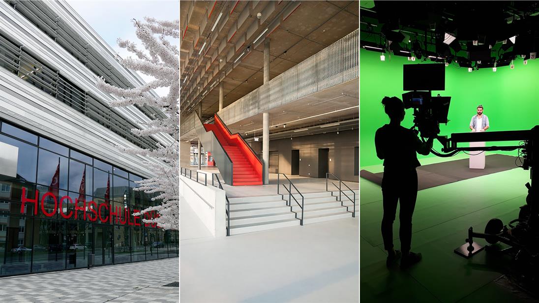 Collage of building 4 of the Düsseldorf University of Applied Sciences with the Audimax and the faculty of media.