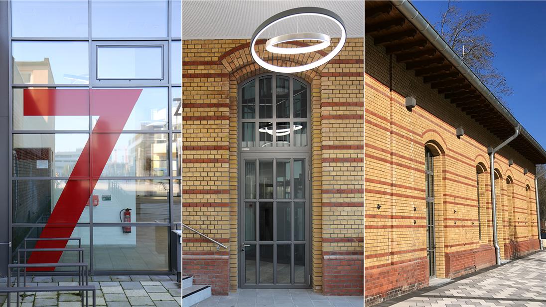 Collage of Building 7 of the Düsseldorf University of Applied Sciences with the Centre for Training and Competence Development and the Career Service.