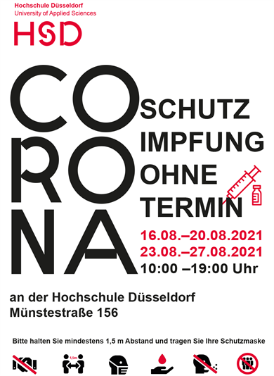 Vaccinations at the mobile vaccination centre at the HSD will be extended for another two weeks and will continue from 16 to 27 August (inclusive). Vaccinations will take place between 10 a.m. and 7 p.m. in building 4. Access is via the entrance at Münsterstraße 156. Vaccinations are available from the age of 16 without an appointment for first and second vaccinations as well as for convalescents. 
