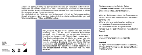 Forgotten victims? No or a question of perception (19.3.2020)
Panel discussion with Kutlu Yurtseven, Ceren Türkmen and Heike Kleffner