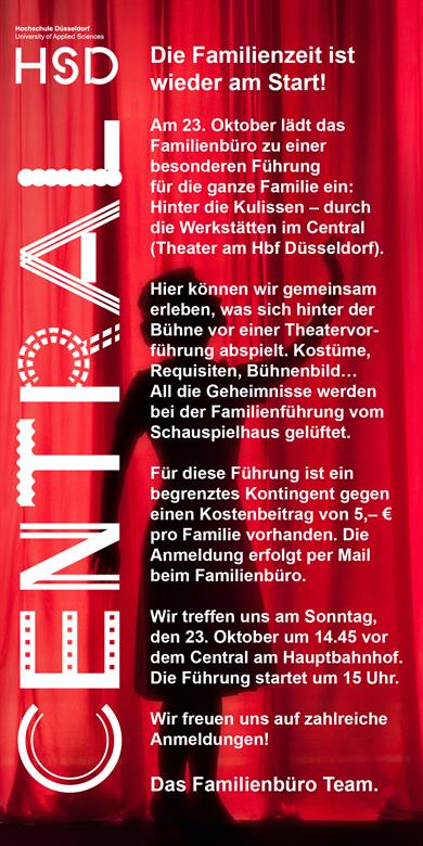 Am 23. Oktober 2022 lädt das Familienbüro zu einer besonderen Führung für die ganze Familie ein: Hinter die Kulissen - durch die Werkstätten im Central (Theater am Hbf Düsseldorf).