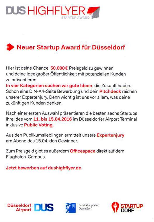Postkarte mit Informationen zum DUS Highflyer Startup Award