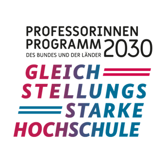 Prädikat Gleichstellungsstarke Hochschule mit der Aufschrift: Professorinnenprogramm des Bundes und der Länder 2030. Gleichstellungsstarke Hochschule.