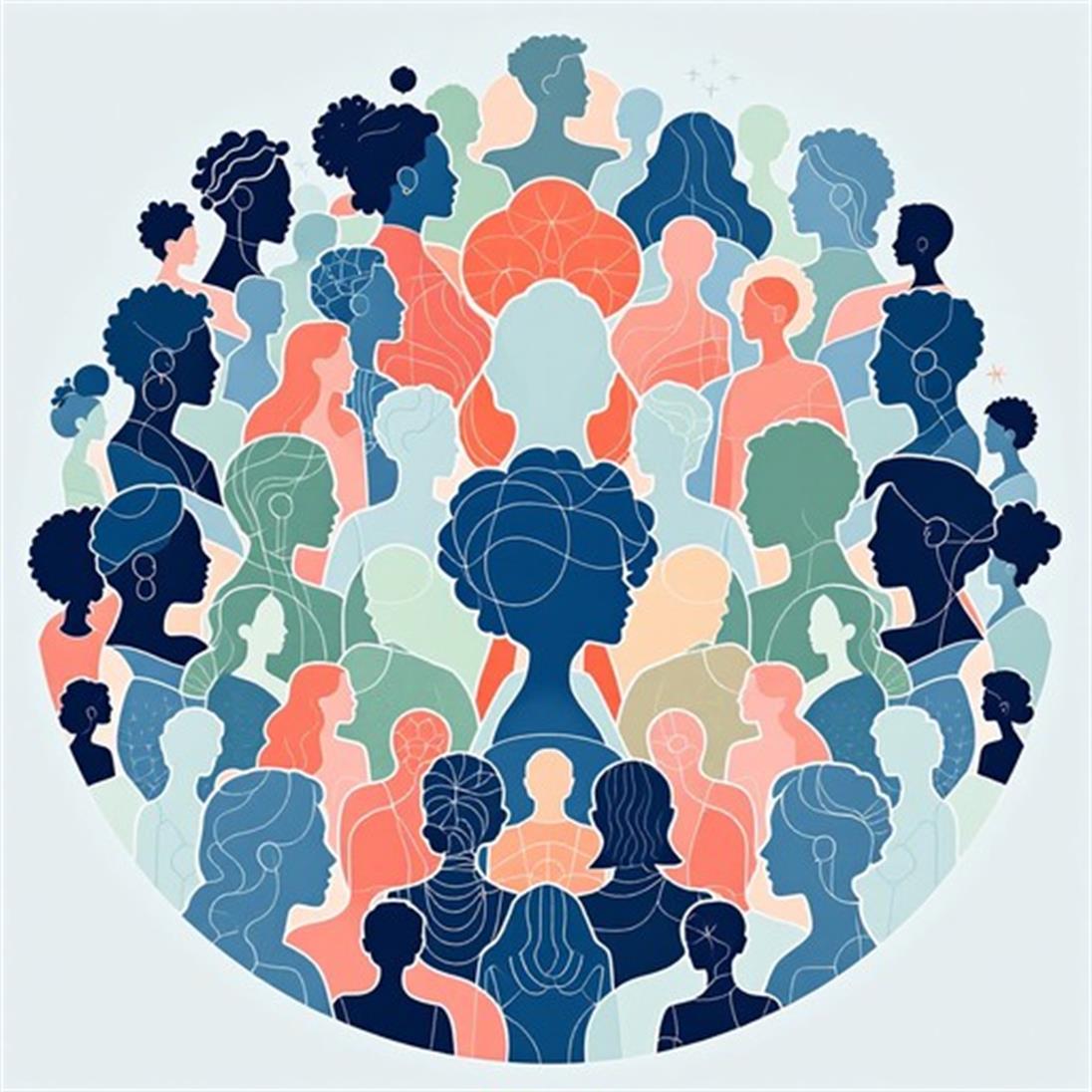Illustration mit verschiedenen Menschen. Intersektionalität darstellend.