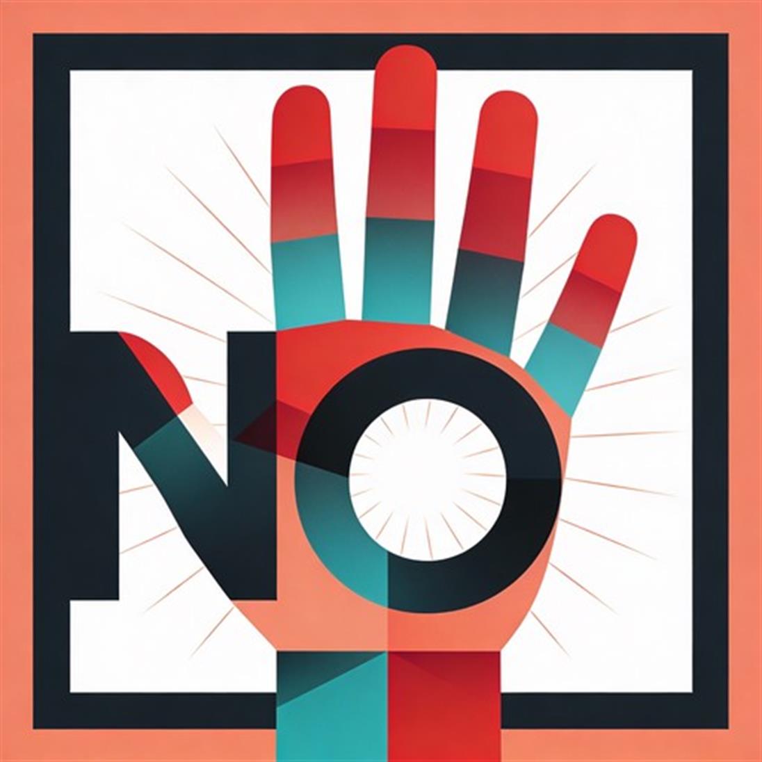 Grafische Illustration einer erhobenen Hand mit dem Wort „NO“ in Rot, Türkis und Schwarz.