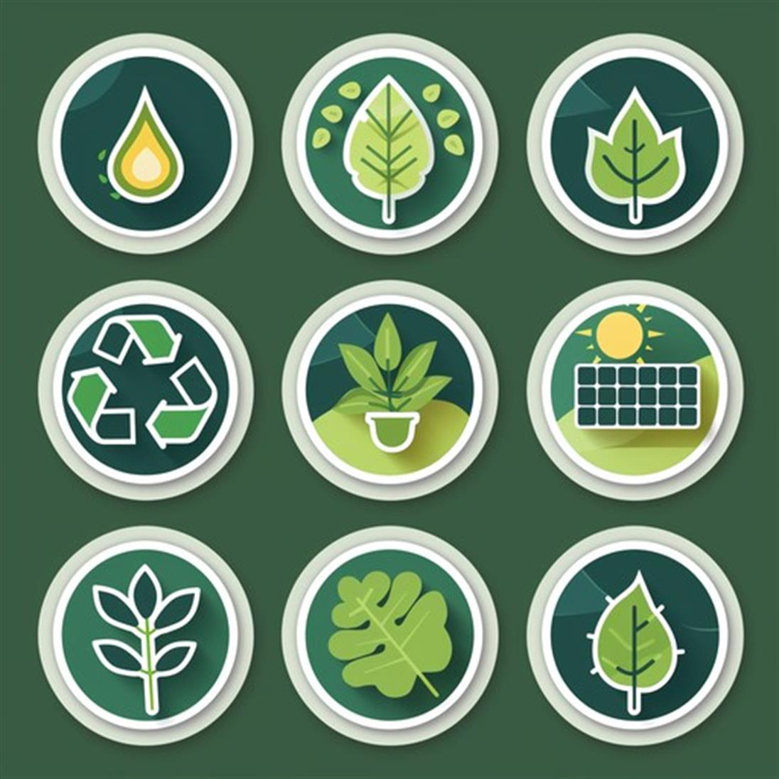 Grüne Symbole für Recycling, Solaranlagen und Pflanzen