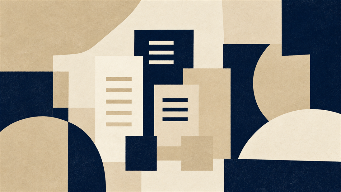 Abstrakte Illustration in Beige, Weiß und Dunkelblau mit überlappenden geometrischen Formen und stilisierten Dokumenten. Sie symbolisiert Gesetzgebung, politische Rahmenbedingungen und den Schutz vor Diskriminierung.