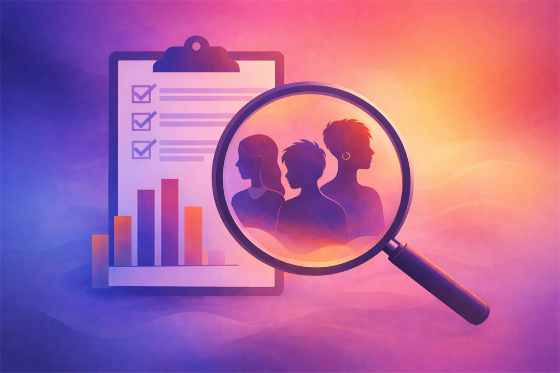 Illustration einer Studie: Eine Lupe vergrößert die schemenhaften Umrisse von drei Personen. Im Hintergrund sind ein Klemmbrett mit Häkchenliste und ein Balkendiagramm zu sehen. Die Farbgestaltung verläuft von Blau- und Lilatönen zu warmem Orange und Pink.