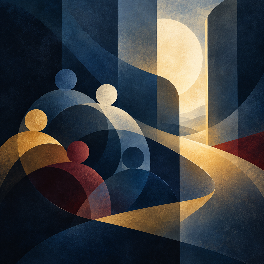 Abstrakte Illustration in Dunkelblau, Gold und Rot mit verbundenen Formen von Menschen und einem hellen Lichtschein.
