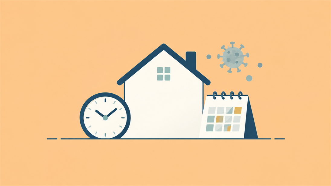 Illustration eines Hauses mit Uhr, Kalender und stilisiertem Coronavirus auf orangefarbenem Hintergrund.