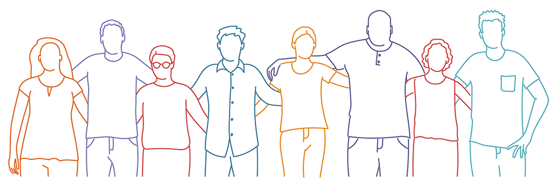 Crowd posing together, hugging men and women