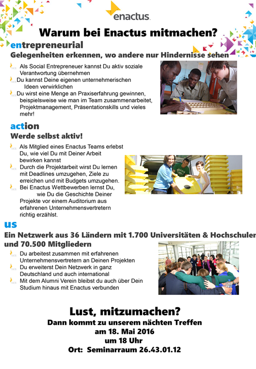 Enactus ist ein Netzwerk aus 36 Ländern mit 1.700 Universitäten und Hochschulen und 70.500 Mitgliedern. Das Bild zeigt einen Flyer des Netzwerkes.