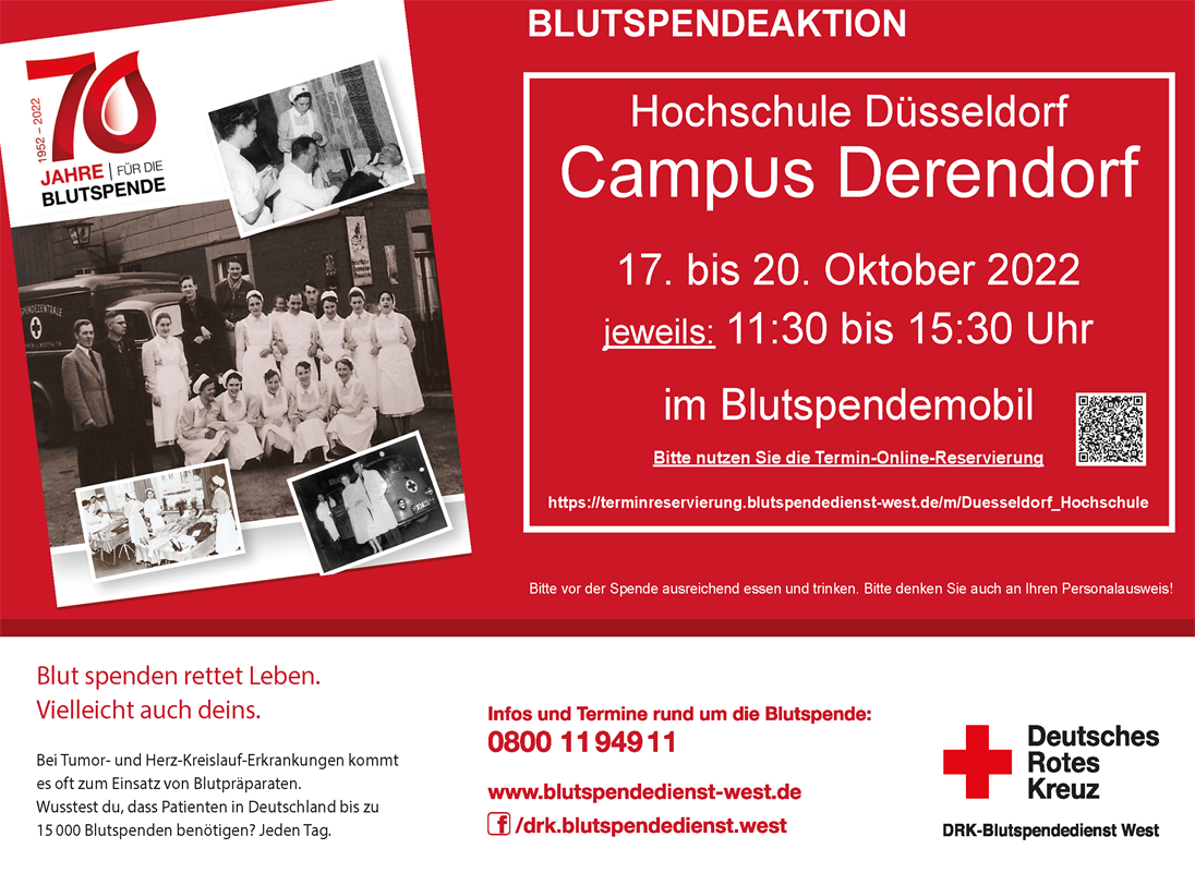 Blutspendenaktion auf dem Campus Derendorf vom 17. bis 20. Oktober 2022 im Blutspendemobil des Deutschen Roten Kreuz. Mit freundlicher Unterstützung des AStA und des DRK!