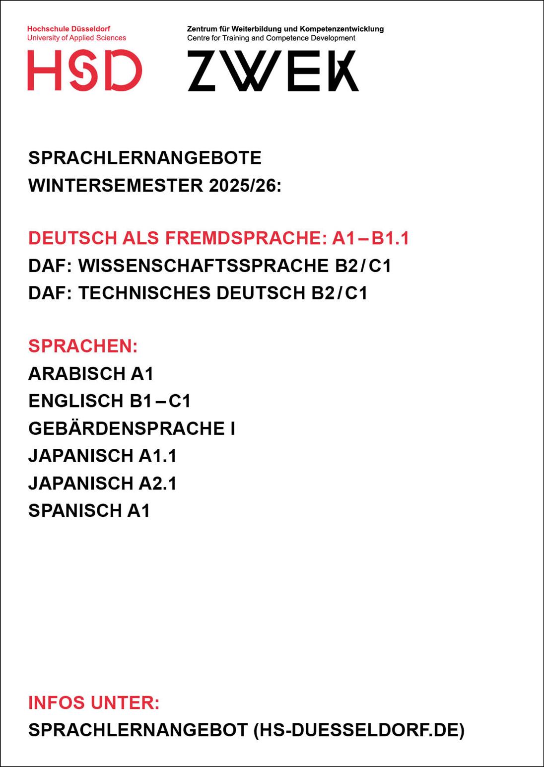 Das Bild zeigt die Rückseite einer Postkarte der Hochschule Düsseldorf, University of Applied Sciences.
Oben sind die Logos von HSD und ZWEK (Zentrum für Weiterbildung und Kompetenzentwicklung).

Die Überschrift lautet:
Sprachlernangebote Wintersemester 2025/26.

Darunter stehen die Angebote:

Deutsch als Fremdsprache: Niveau A1 bis B1.1

Deutsch: Wissenschaftssprache B2/C1

Deutsch: Technisches Deutsch B2/C1

Unter der Überschrift Sprachen sind folgende Kurse aufgelistet:

Arabisch A1

Englisch B1–C1

Gebärdensprache I

Japanisch A1.1

Japanisch A2.1

Spanisch A1