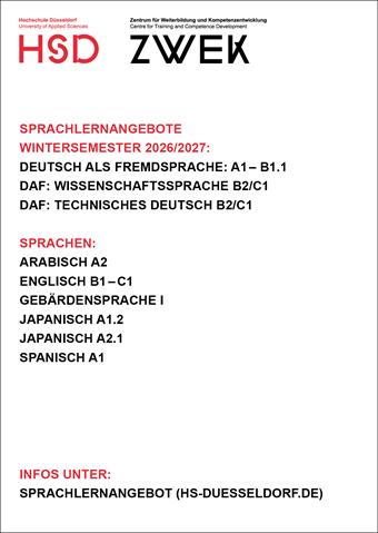 Weiße Infografik der Hochschule Düsseldorf und des ZWEK zum Sprachlernangebot im Wintersemester 2026/27. Aufgelistet sind Deutsch als Fremdsprache von A1 bis B1.1, Wissenschaftssprache und Technisches Deutsch auf B2/C1-Niveau sowie Arabisch A2, Englisch B1–C1, Gebärdensprache I, Japanisch A1.2 und A2.1 und Spanisch A1. Am unteren Rand befindet sich ein Hinweis auf die Website mit weiteren Informationen.