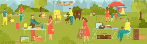 Das Bild ist eine Vektor Illustration, die einen Flohmarkt auf einer grünen Wiese mit ein paar Bäumen darstellt. An mehreren Ständen werden Kleidung, Radios, Bücher und Möbel verkauft. Im Hintergrund sieht man die Hochhäuser einer Großstadt.