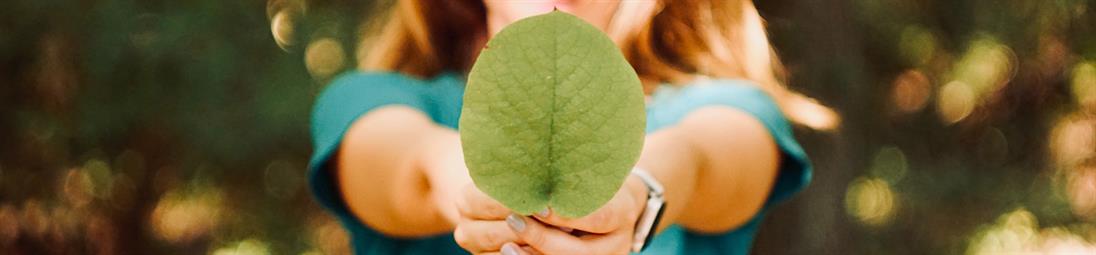 Eine Frau hält ein grünes Blatt in die Kamera