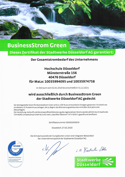Certificate from Stadtwerke Düsseldorf, which certifies that the Düsseldorf University of Applied Sciences uses 100% green electricity. 