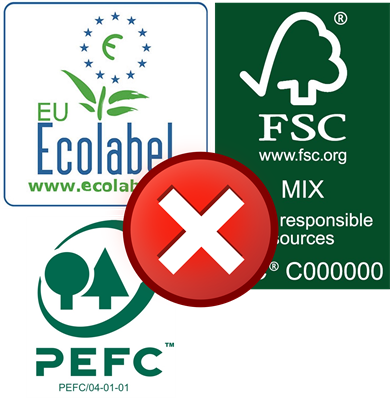 Das Bild zeigt die Logos "FSC MIX", "PEFC" und EU Ecoloabel. Diese Logos stehen nicht für Recyclingpapier.