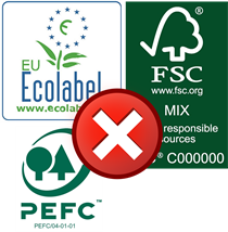 Das Bild zeigt die Logos "FSC MIX", "PEFC" und EU Ecoloabel. Diese Logos stehen nicht für Recyclingpapier.