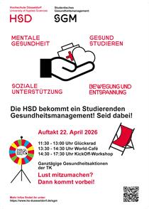 Plakat zum KickOff-termin zur Einführung des Studentischen Gesundheitsmanagemnt an der Hochschule Düsseldorf am 22.04.2026