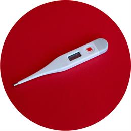 Clinical thermometer on red background