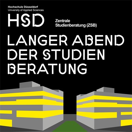 Auf der Grafik sind zwei Hochschulgebäude mit beleuchteten Fenstern dargestellt. Der Hintergrund ist schwarz gehalten. Darüber steht groß "Langer Abend der Studienberatung".