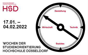 Compass with the information "economy", "design", "technology" and "social". Textual: "17.01. - 04.02.2022 Weeks of Study Orientation 2022"