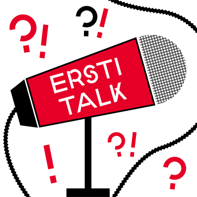 The graphic shows a red microphone with Ersti-Talk written on it.