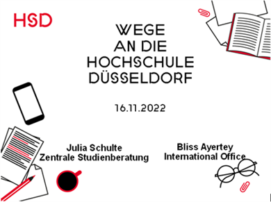 Title slide of the extensive presentation of the exchange with Ukarine students. It reads: "Wege an die Hochschule Düsseldorf"