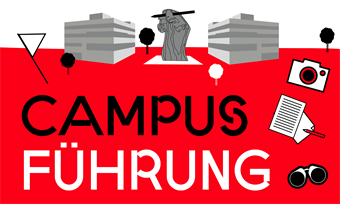 Auf der Grafik sind die Gebäude des Hochschulcampus abgebildet sowie eine Kamera, ein Schreibblock und ein Fernglas. Daneben steht rot unterlegt "Campusführung".