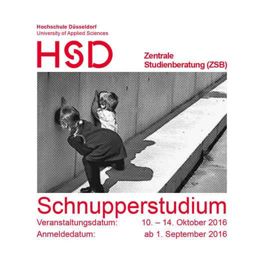 Logo of Hochschule Düsseldorf and Student Advisory and Counselling Service
Picture with two children, that look through holes in a wall
text: Schnupperstudium with calender date of event and application