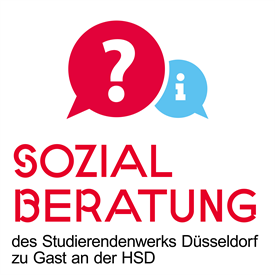 Es sind zwei Sprechblasen abgebildet. Eine rote mit einem Fragezeichen und eine blaue mit einem Ausrufezeichen. Darunter steht "Sozialberatung des Studierendenwerks Düsseldorf zu Gast an der HSD".