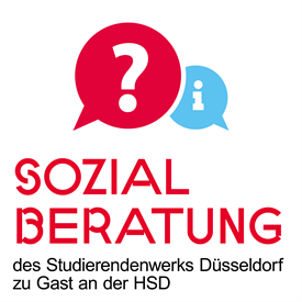 Two speech bubbles are shown. A red one with a question mark and a blue one with an exclamation mark. Below it is written “Social advice from the Düsseldorf Student Union visiting the HSD”.
