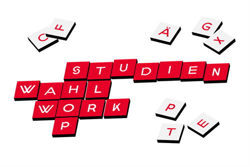 Graphic with Schrabble plates that form the word Studienwahworkshop