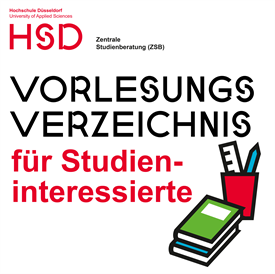 Graphic with the text "Course catalogue for prospective students". In addition, writing utensils and books are depicted.