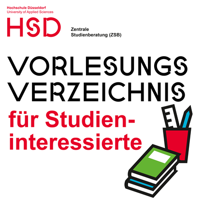 Grafik mit dem Text "Vorlesungsverzeichnis für Studieninteressierte". Daneben sind Schreibutensilien und Bücher abgebildet.