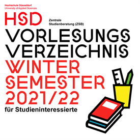 Lettering: "Course catalogue winter semester 2021/2022 for prospective students" In addition, books and a pen holder with pen and ruler are shown graphically.