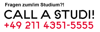 Die Grafik hat ausschließlich Textinhalt, der von oben nach unten angeordnet ist und  Folgendes besagt:
"Fragen zum Studium?!
Call a Studi!
+49 211 4351-5555"
Bitte beachten Sie, dass man über die Hotline (5555) Studierende der HSD erreicht.