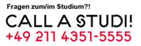 Die Grafik hat ausschließlich Textinhalt, der von oben nach unten angeordnet ist und  Folgendes besagt:
"Fragen zum Studium?!
Call a Studi!
+49 211 4351-5555"
Bitte beachten Sie, dass man über die Hotline (5555) Studierende der HSD erreicht.