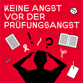 The graphic is highlighted with a red background color. Pictured is the upper body of a person with short hair. She stretches her arms to her head. Symbols are arranged around the head: pens, a written paper, an open book, a question mark and an exclamation mark. Above it is written "Don't be afraid of exam anxiety".