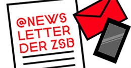 Rechteckiger Kasten, hochkant, auf dem steht "@ZSB-Newsletter". Daneben Darstellung eines roten Briefumschlages und eines schwarzen Handys
