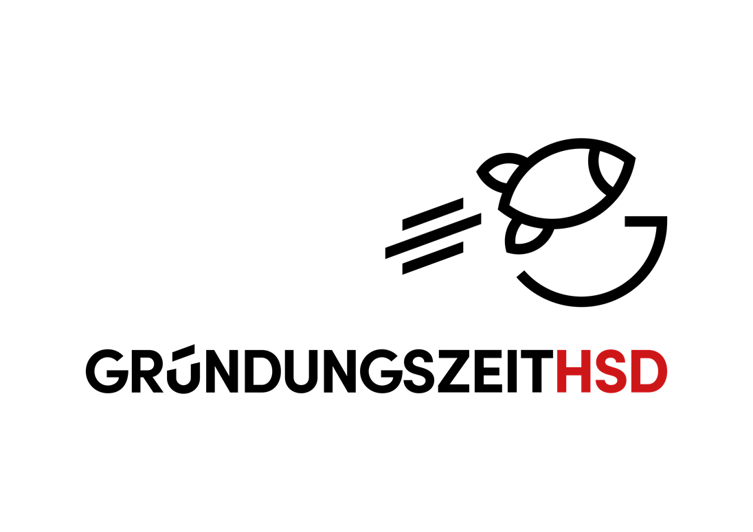 Die Grafik bildet eine Rakete aus schwarzen Lienien ab.
Darunter steht "Gründungszeit" in schwarzen Versalien und "HSD" in roten Versalien.