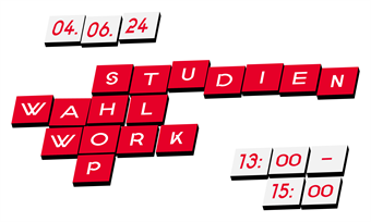 Karten aus einzelnen Buchstaben, die an das Spiel Scrabble erinnern, bilden das Wort "Studienwahlworkshop". Drumherum stehen Datum und Uhrzeit: 4.6.24, 13 - 15 Uhr