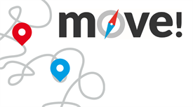 Abbildung des Logos von move! sowie einer verworrenen Linie mit rotem und blauen Standort-Punkten