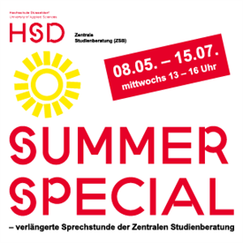 Neben der Darstellung einer Sonne informiert die Textgrafik wie folgt:
Vom 8.5. bis zum 15.7. 
13:00 - 16:00 Uhr 
verlängerte Sprechstunde am Mittwochnachmittag der Zentralen Studienberatung