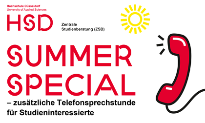 Auf der Grafik ist eine Sonne und ein Telefonhörer zu sehen. Darunter steht: Summer Special - zusätzliche Telefonsprechstunde für Studieninteressierte