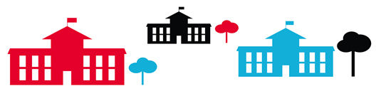 Abbildung dreier Gebäude und dreier Bäume in den Farben Rot, Schwarz, Blau