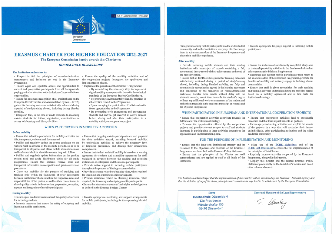 Der HSD wurde die ERASMUS Charta 2021-2027 verliehen. Damit erhält sie die Berechtigung, in den kommenden Jahren am ERASMUS-Programm teilzunehmen und in allen Förderlinien Anträge zu stellen. Aber sie verpflichtet die HSD auch, die in der Charta postulierten Grundsätze und Werte aktiv zu vertreten.